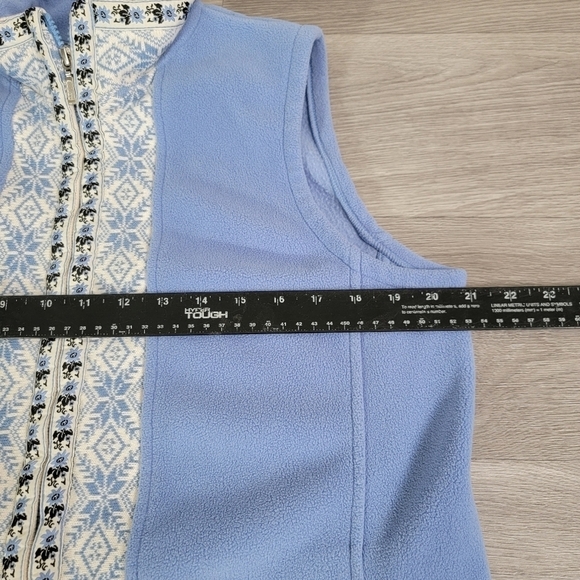 LL Bean Blue Vest Full Zip Size M Fair Isle Trim Knit Fleece Soft Side Pockets - Picture 5 of 11